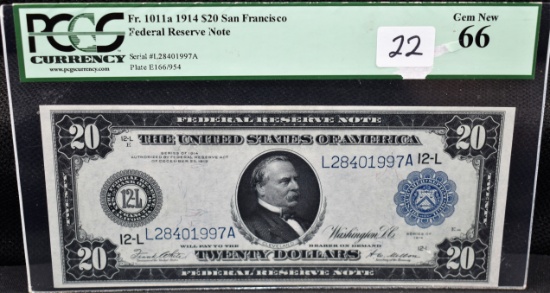 $20 FED. RESERVE NOTE SERIES 1914 PCGS GEM NEW 66