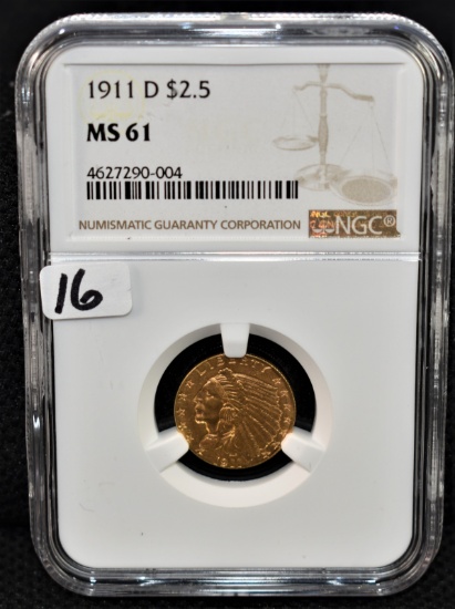 SUPER KEY 1911-D $2 1/2 INDIAN GOLD - NGC MS61