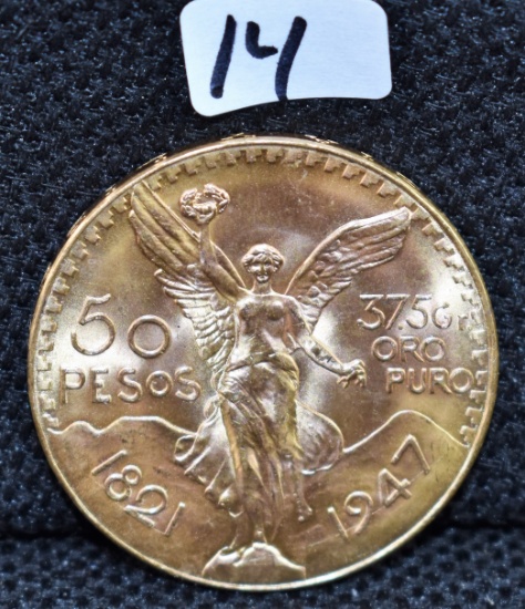 RARE BU 1947 $50 MEXICAN GOLD (37.5 GRAINS) PESO