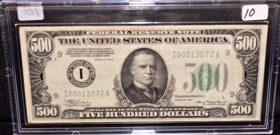 RARE "MPLS" $500 FED. RESERVE NOTE SERIES 1934