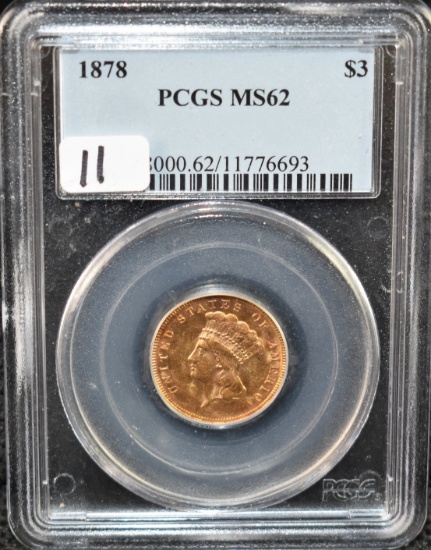 RARE 1878 $3 PRINCESS GOLD COIN - PCGS MS62