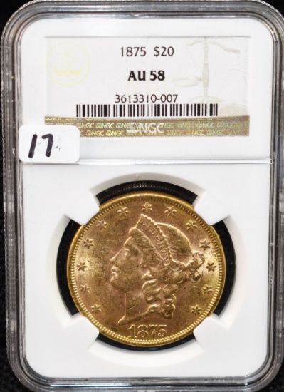 RARE 1875 $20 TYPE 2 LIBERTY GOLD COIN PCGS AU58
