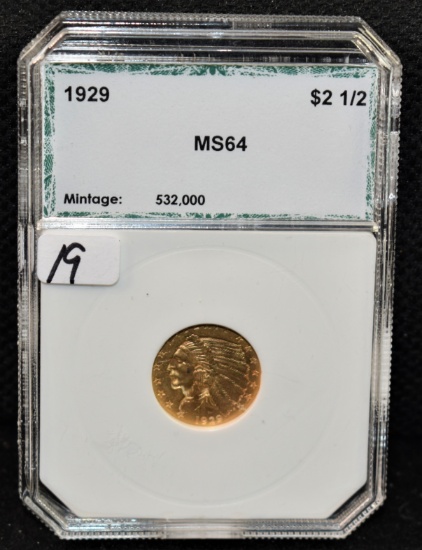 1929 (LAST YEAR) $2 1/2 INDIAN GOLD COIN PCI MS64
