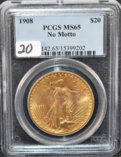 SCARCE 1908 $20 SAINT GAUDENS GOLD PCGS MS65
