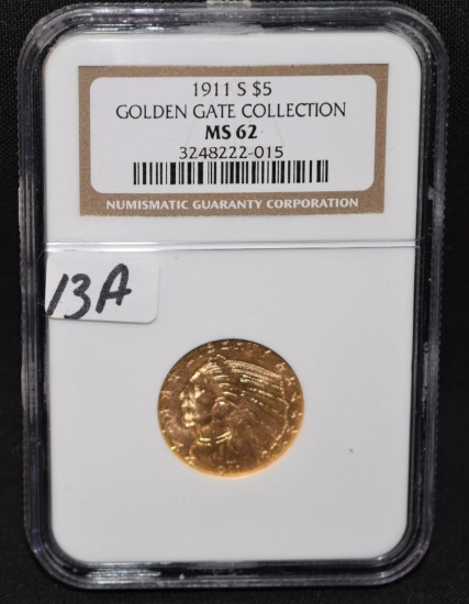 RARE 1911-S $5 GOLDEN GATE COLLECTION NGC MS62