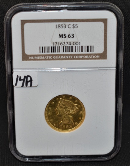 "VERY RARE" 1853-C $5 LIBERTY GOLD COIN NGC MS63