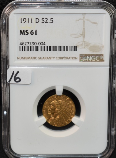 "KEY DATE" 1911-D $2 1/2 INDIAN GOLD COIN NGC MS61