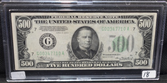 RARE $500 XF/AU FED. RESERVE NOTE SERIES 1934-A