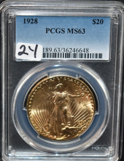 1928 $20 SAINT GAUDENS GOLD COIN - PCGS MS63