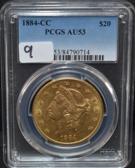 RARE 1884-CC $20 LIBERTY GOLD COIN - PCGS AU53