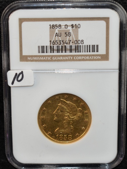 "VERY RARE" 1858-0 $10 LIBERTY GOLD COIN NGC AU58