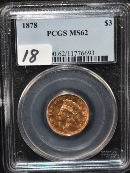 RARE 1878 $3 INDIAN HEAD GOLD COIN - PCGS MS62