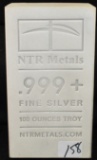 NTR METALS 100 TROY OZ 999+ FINE SILVER INGOT