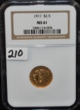 1911 $2 1//2 INDIAN HEAD GOLD COIN NGC MS61