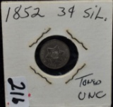 1852 TONED UNC 3 CENT SILVER FROM SAFE DEPOSIT