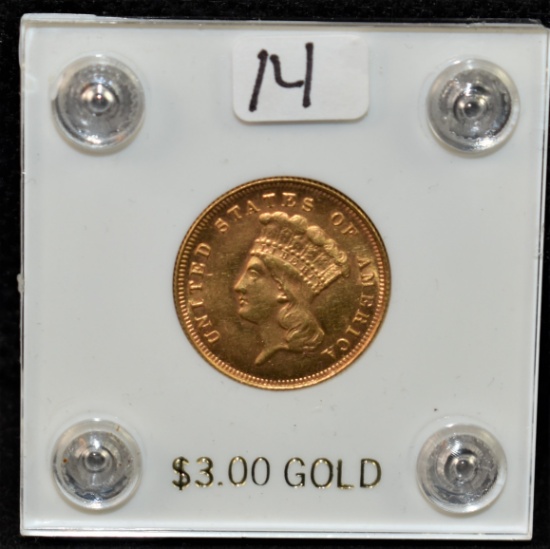 SCARCE 1882 AU $3 INDIAN GOLD FROM SAFE DEPOSIT