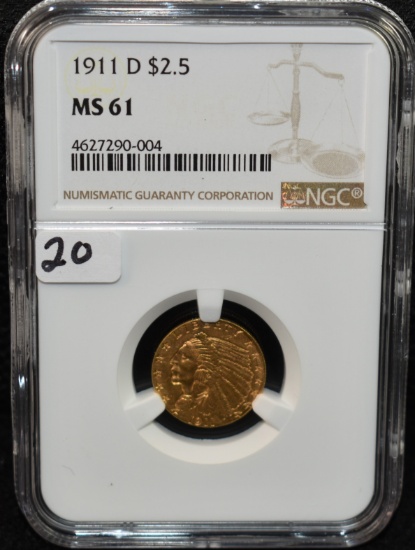 SUPER RARE KEY DATE 1911-D $2 1/2 GOLD NGC MS61