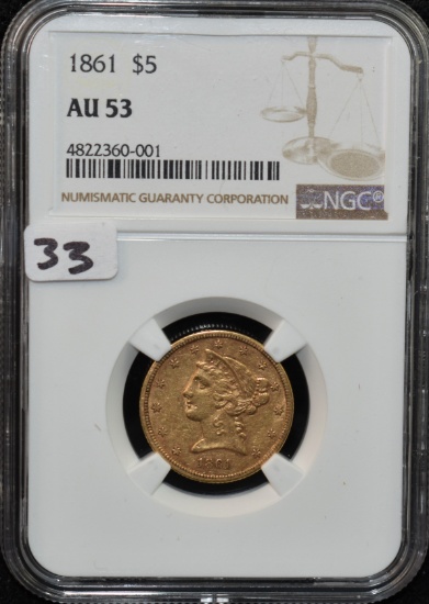 CIVIL WAR ERA 1861 $5 LIBERTY GOLD NGC AU53