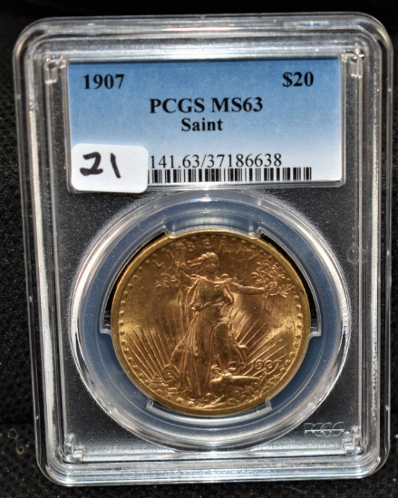 1907 $20 ST. GAUDENS GOLD DOUBLE EAGLE PCGS MS63