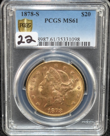 SCARCE 1878-S $20 LIBERTY GOLD COIN PCGS MS61