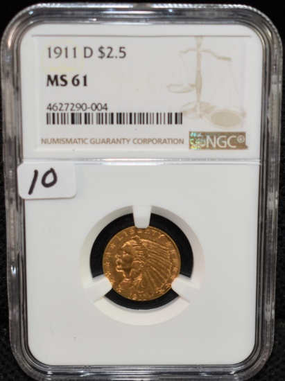 RARE SUPER KEY 1911-D $2 1/2 INDIAN GOLD NGC MS61