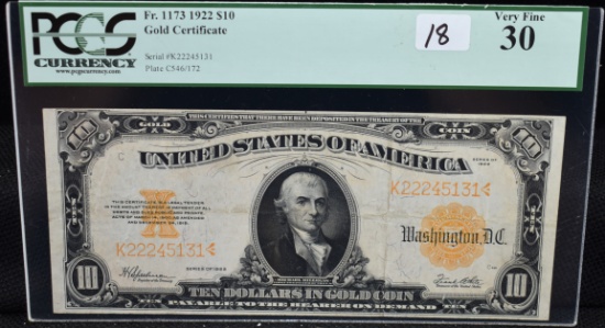 $10 GOLD CERTIFICATE SERIES 1922 PCGS VF30 LARGE