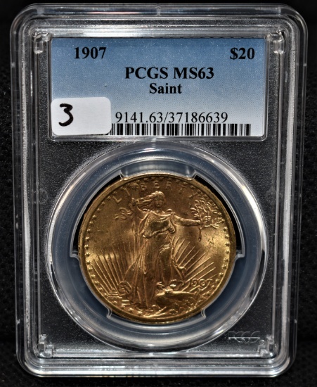1907 $20 SAINT GAUDENS GOLD DOUBLE EAGLE PCGS MS63