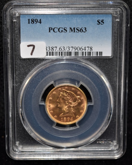 1894 $5 LIBERTY GOLD COIN - PCGS MS63