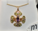 MULTI-COLORED GEMSTONE 14K YELLOW GOLD CROSS