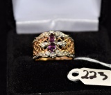 FANCY FILIGREE RUBY & DIAMOND 14K YELLOW GOLD RING