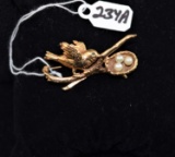 LADIES 14K YELLOW GOLD PEARL BIRD & NEST PIN