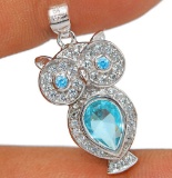 OWL-AQUAMARINE & TOPAZ STERLING SILVER PENDANT