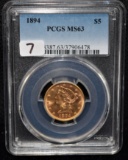 1894 $5 LIBERTY GOLD COIN - PCGS MS63