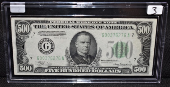 RARE $500 CHOICE AU/CU+ FED. RESERVE NOTE