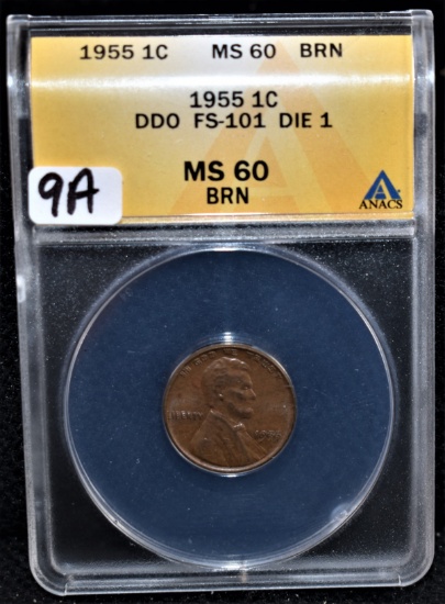 KEY DATE 1955 DOUBLE DIE PENNY - ANACS MS60 BRN