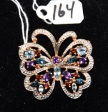 LOVELY MULTI COLORED GEMSTONE 14K BUTTERFLY PIN
