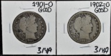 1901-0 GOOD, 1902-0 GOOD BARBER HALF DOLLARS