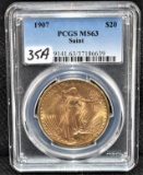 1907 $20 SAINT GAUDENS GOLD COIN PCGS MS63