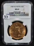 1908 (NO MOTTO) $20 SAINT GAUDENS GOLD - NGC MS64