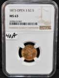RARE 1873 (OPEN 3) $2 1/2 LIBERTY GOLD NGC MS63