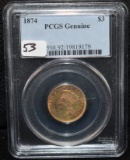 SCARCE 1874 $3 PRINCESS GOLD COIN - PCGS GENUINE
