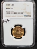 1901-S $5 LIBERTY GOLD COIN - NGC 63+