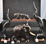 FOUR CARVED ANIMALS, ELEPHANTS, PANTHER, STORKS