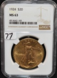 SCARCE 1924 $20 SAINT GAUDENS GOLD COIN NGC MS63