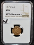 SCARCE 1867-S $2 1/2 LIBERTY GOLD NGC XF40