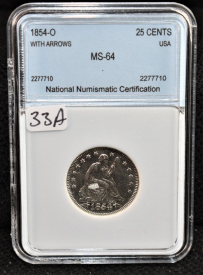 1854-0 (W/ARROWS) SEATED LIBERTY QUARTER NNC MS64