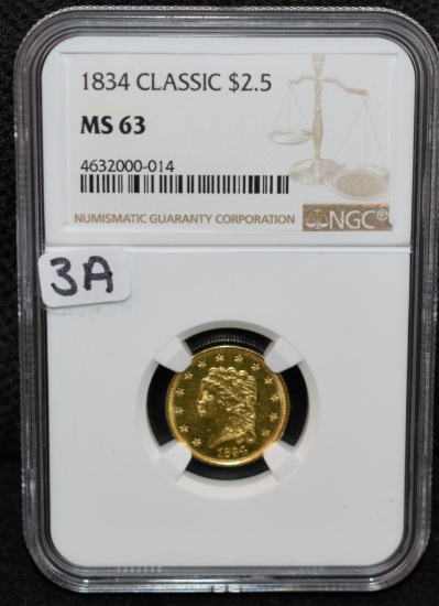 RARE 1834 CLASSIC HEAD $2 1/2 GOLD COIN NGC MS63