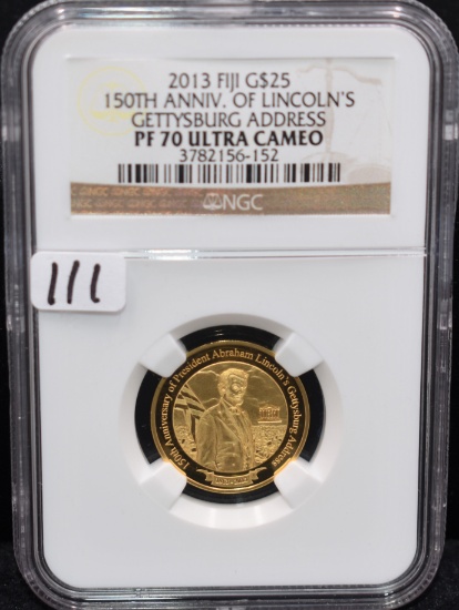 VERY RARE 2013 FIJI $25 GOLD 150 ANNV. GETTYSBURG