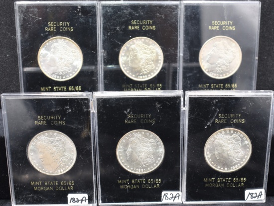 SIX SECURITY RARE COINS - MS65/65 MORGAN DOLLARS