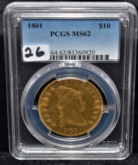 "RARE" 1801 DRAPED BUST $10 GOLD COIN - PCGS MS62